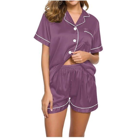 Diufon Womens Casual Pjs Sets Lapel Button Short Sleeve Shirts with Pockets Elastic Waist Shorts Sets