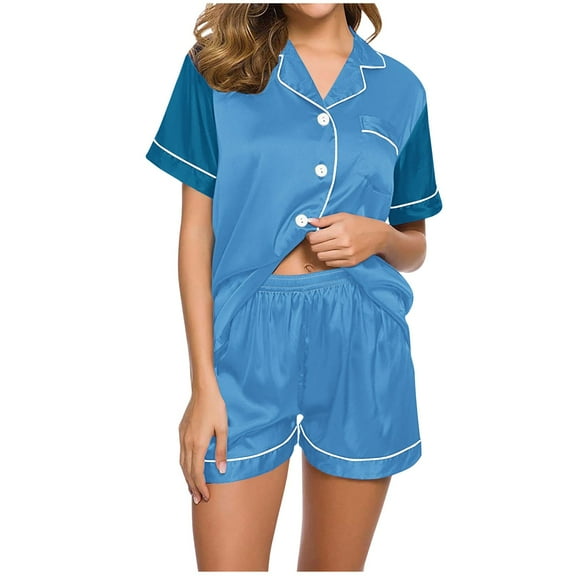 Diufon Womens Casual Pjs Sets Lapel Button Short Sleeve Shirts with Pockets Elastic Waist Shorts Sets