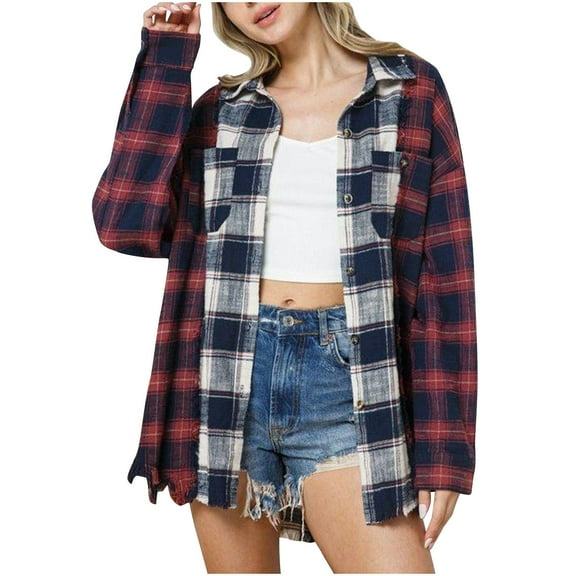 Diufon Womens Casual Shirts Plaid Color Printed Coats Lapel Button Long Sleeve Tops with Pockets