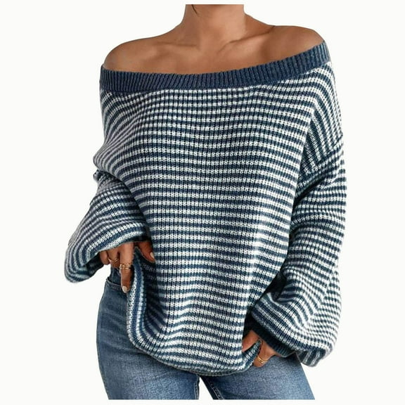Diufon Womens Casual Sweaters off Shoulder Long Sleeve Blouses Trendy Stripe Printed Tops