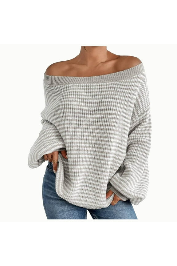 Womens Casual Sweaters off Shoulder Long Sleeve Blouses Trendy Stripe Printed Tops