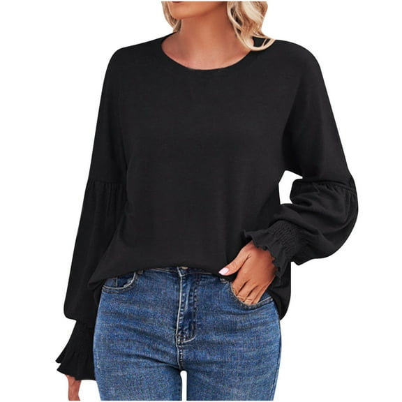 Diufon Womens Casual Tunics Fall Solid Color Tops Round Neck Ruffle Long Sleeve Blouses