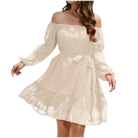 Diufon Womens Chiffon Dresses off Shoulder Puff Long Sleeve Dress Solid Color Lace-Up Waist Dress