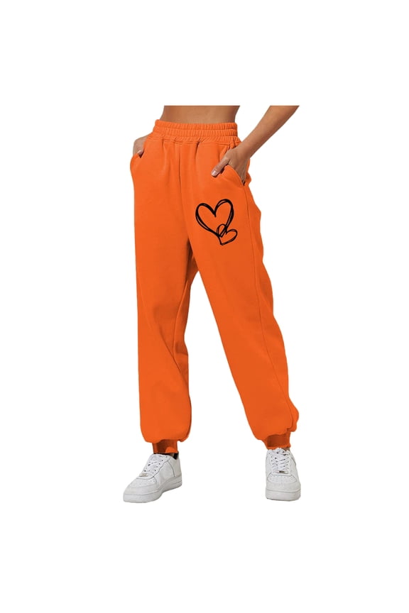Womens Comfy Sweatpants Elastic High Waist Cinch Bottom Pants Heart Printed Pants
