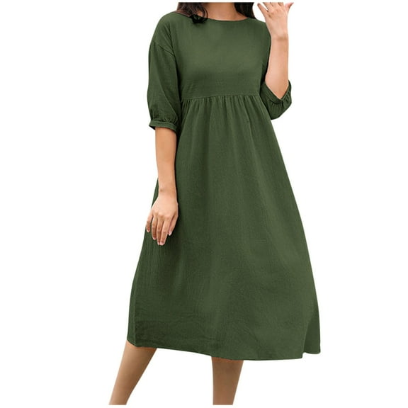 Diufon Womens Cotton Linen Drsses Casual Solid Color Maxi Dress Round Neck Half Sleeve Dress