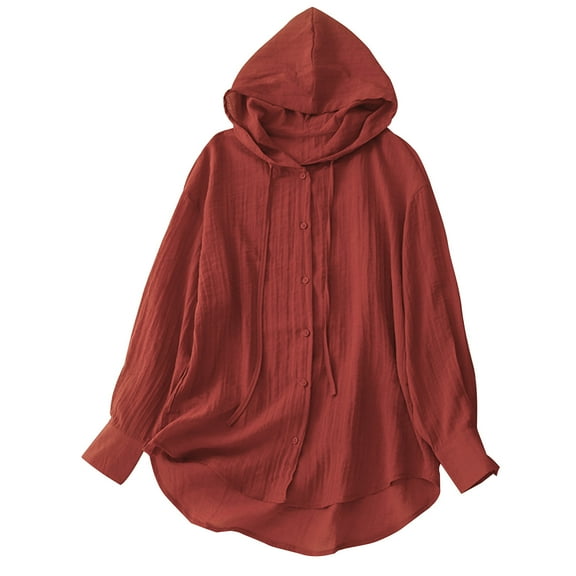 Diufon Womens Cotton Linen Shirts Solid Color Drawstring Hoodies Button Long Sleeve Tops