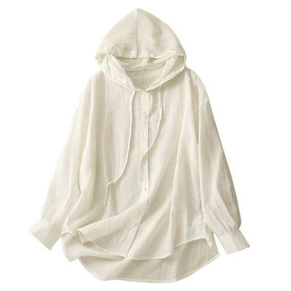 Diufon Womens Cotton Linen Shirts Solid Color Drawstring Hoodies Button Long Sleeve Tops