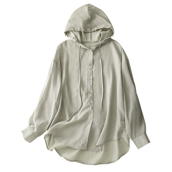 Diufon Womens Cotton Linen Shirts Solid Color Drawstring Hoodies Button Long Sleeve Tops