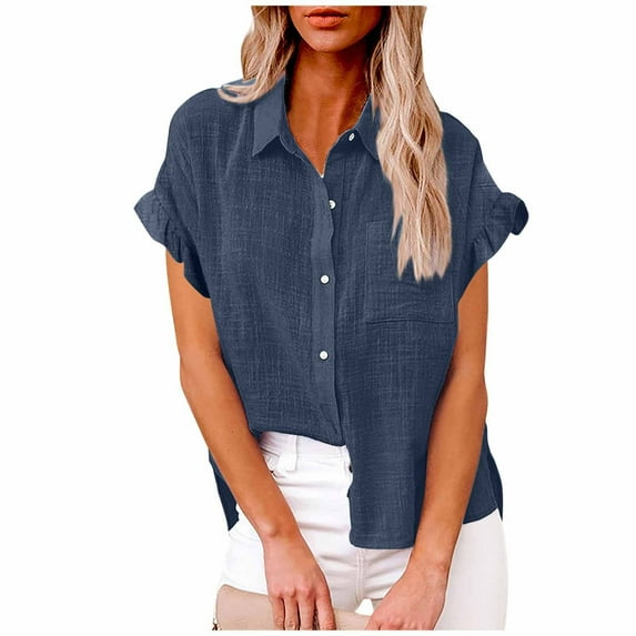 Diufon Womens Cotton Linen Shirts Summer Casual Solid Color Tees Short Sleeve Button Tops with Pockets