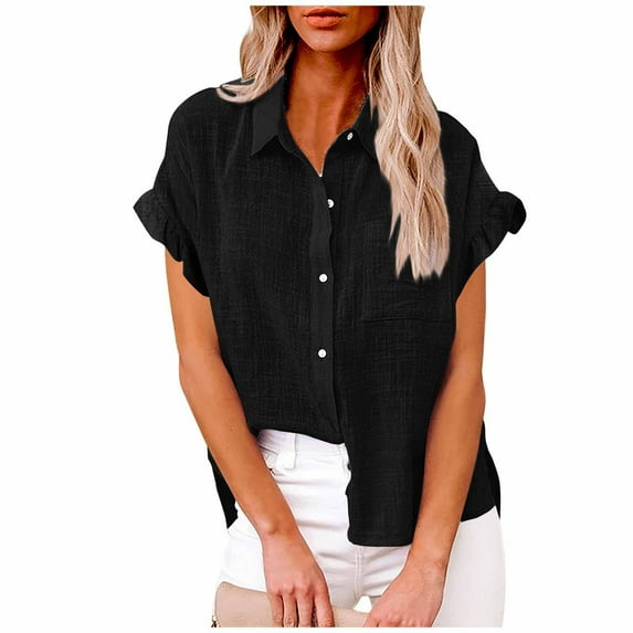 Diufon Womens Cotton Linen Shirts Summer Casual Solid Color Tees Short Sleeve Button Tops with Pockets