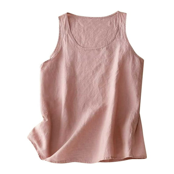 Diufon Womens Cotton Linen Tank Tops Round Neck Sleeveless Tops Summer Solid Color Vest