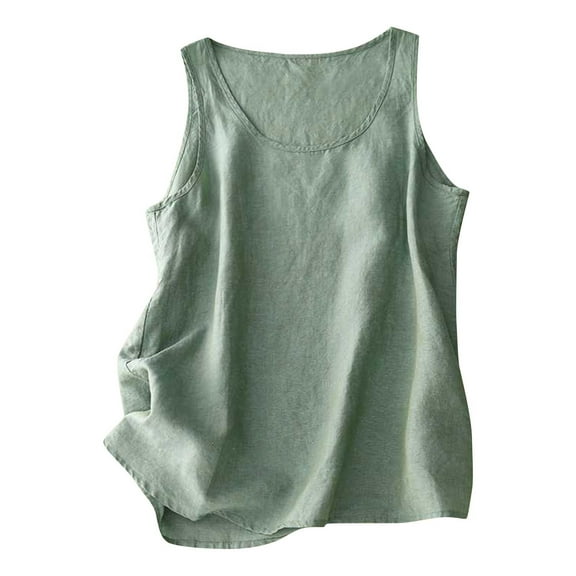 Diufon Womens Cotton Linen Tank Tops Round Neck Sleeveless Tops Summer Solid Color Vest