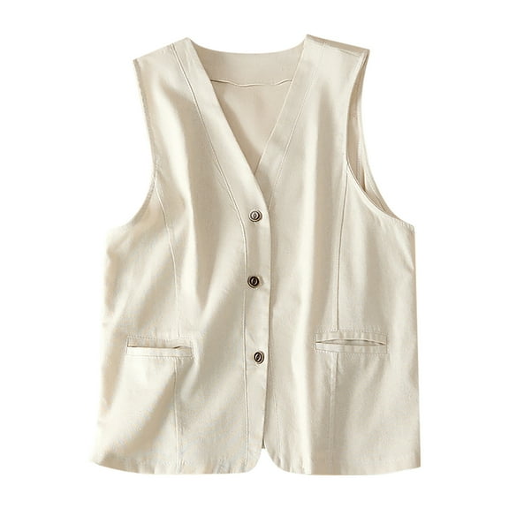 Diufon Womens Cotton Linen Vest Solid Color Casual Tops V Neck Sleeveless Tops with Pockets
