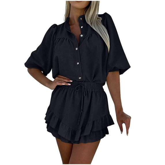 Diufon Womens Cotton Sets Lapel Button Puff Half Sleeve Shirts Elastic Waist Skirts Solid Color Sets