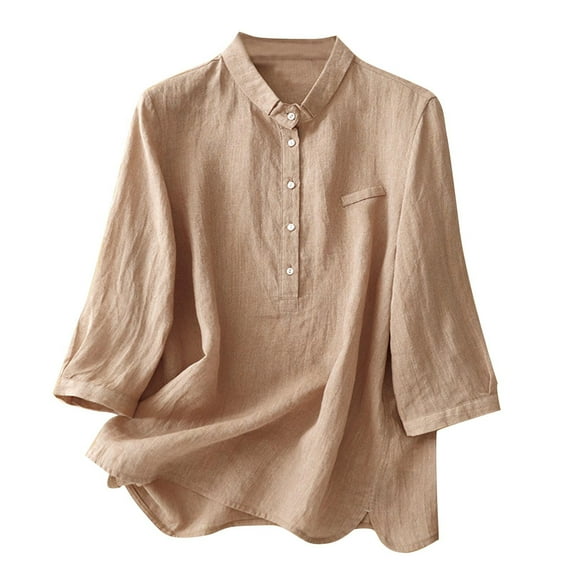 Diufon Womens Cotton Shirts Casual Solid Color Blouses Lapel Button 3/4 Sleeve Pullover Tops