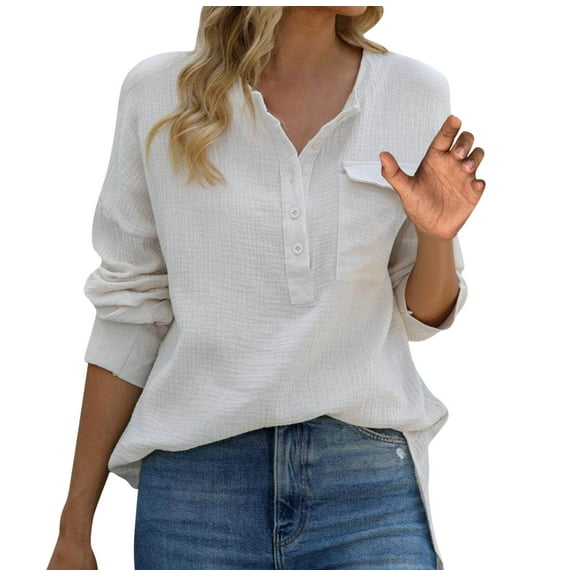Diufon Womens Cotton Shirts Fall Casual Solid Color Pullover Tops V Neck Button Long Sleeve Tops