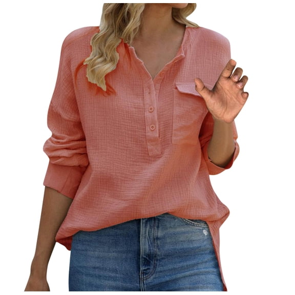 Diufon Womens Cotton Shirts Fall Casual Solid Color Pullover Tops V Neck Button Long Sleeve Tops