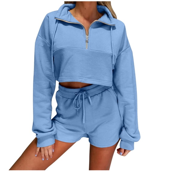 Diufon Womens Cotton Tracksuits Half Zipper Long Sleeve Crop Tops Elastic Waist Shorts 2pc Sets
