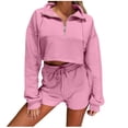 thumbnail image 1 of Diufon Womens Cotton Tracksuits Half Zipper Long Sleeve Crop Tops Elastic Waist Shorts 2pc Sets, 1 of 5