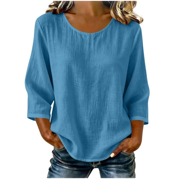 Diufon Womens Crinkle Gauze Blouse 3/4 Sleeve Round Neck Casual Loose Tops Solid Color Summer Tunic Shirts