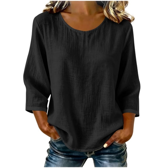 Diufon Womens Crinkle Gauze Blouse 3/4 Sleeve Round Neck Casual Loose Tops Solid Color Summer Tunic Shirts