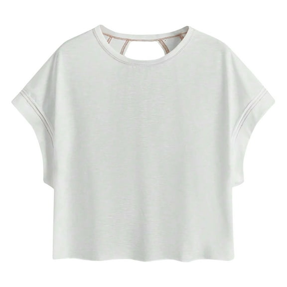 Diufon Womens Crop Tops Crossover Backless Round Neck Short Sleeve Tees Solid Color Blouses