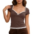 thumbnail image 1 of Diufon Womens Crop Tops Short Sleeve Lace Trim Elegant V Neck Shirts Summer Fashion Slim Going Out Blouse, 1 of 8