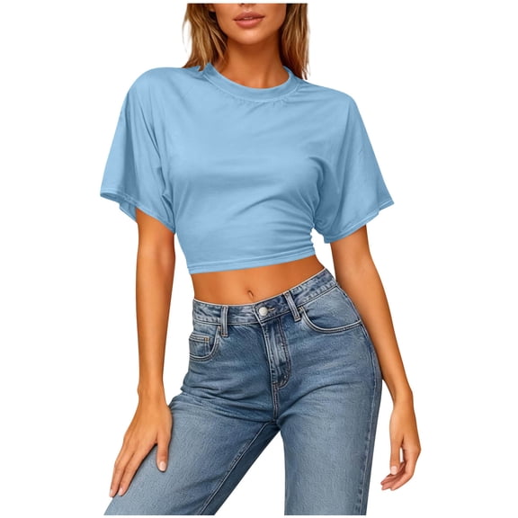 Diufon Womens Crop Tops Summer Crew Neck Short Sleeve Ruched Tunic Top Stretchy Going Out Slim Basic Tees