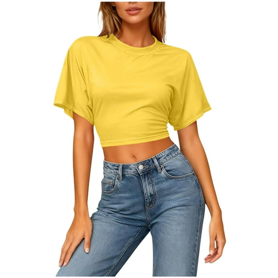 Diufon Womens Crop Tops Summer Crew Neck Short Sleeve Ruched Tunic Top Stretchy Going Out Slim Basic Tees