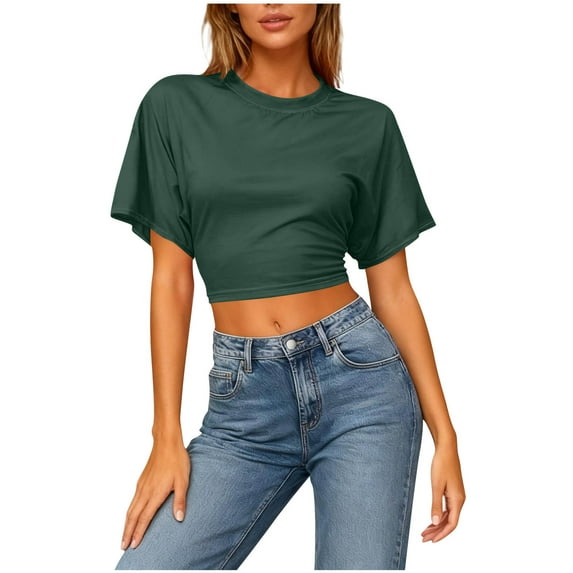 Diufon Womens Crop Tops Summer Crew Neck Short Sleeve Ruched Tunic Top Stretchy Going Out Slim Basic Tees