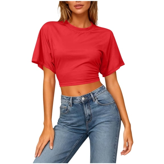 Diufon Womens Crop Tops Summer Crew Neck Short Sleeve Ruched Tunic Top Stretchy Going Out Slim Basic Tees