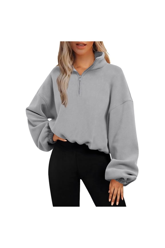 Womens Cropped Sweatshirt High Neck Long Sleeve Pullover Tops Half Zip Fall Winter Fleece Sweatshirts