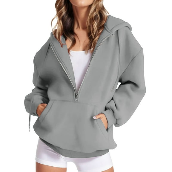 Diufon Womens Drawstring Hoodies Half Zipper Long Sleeve Tops Solid Color Sweatshirts with Pockets