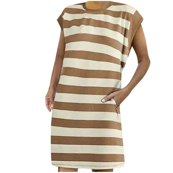 Diufon Womens Dresses Summer Round Neck Cap Sleeve Dress Trendy Striped Printed Dress with Pockets