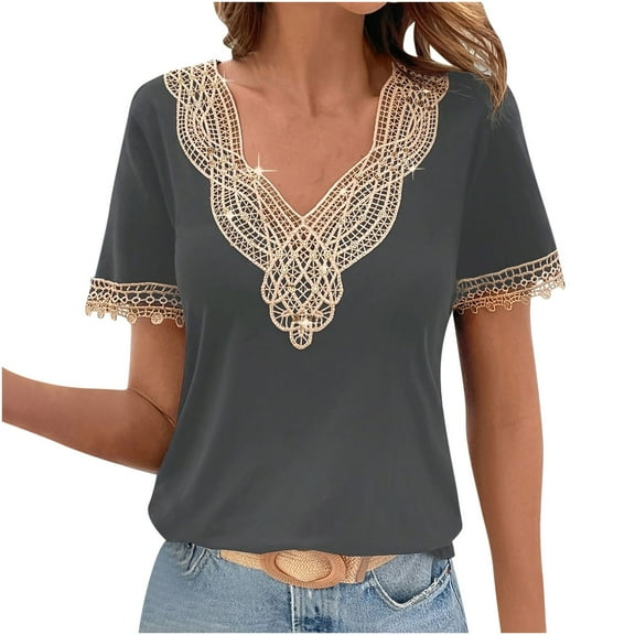 Diufon Womens Elegant T-Shirts Trendy Lace Trim V Neck Short Sleeve Loose Tops Summer Casual Tunic Blouse