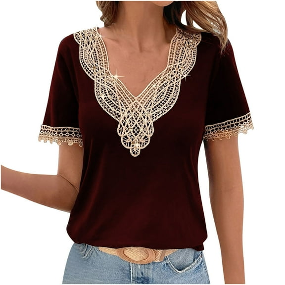 Diufon Womens Elegant T-Shirts Trendy Lace Trim V Neck Short Sleeve Loose Tops Summer Casual Tunic Blouse