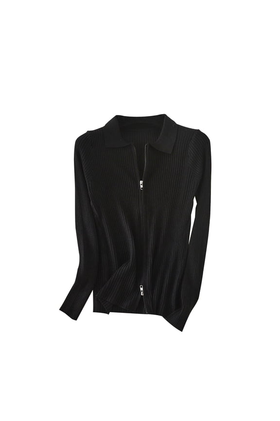 Womens Fall Cardigans Solid Color Casual Sweaters Lapel Collar Zipper Long Sleeve Coats