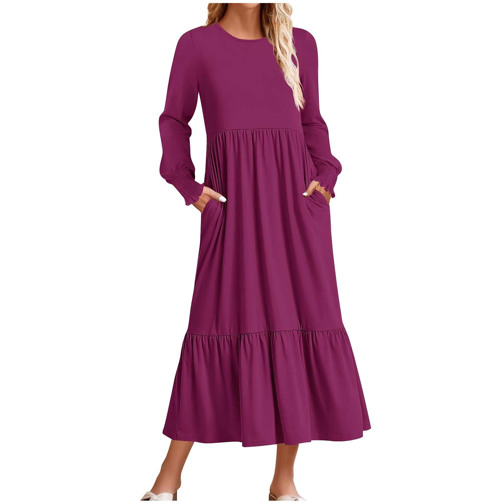 Diufon Womens Fall Casual Dresses Solid Color Maxi Dress Round Neck ...