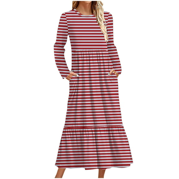 Diufon Womens Fall Casual Dresses Stripe Printed Maxi Dress Round Neck Long Sleeve Dress with Pockets