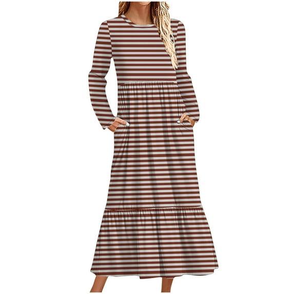 Diufon Womens Fall Casual Dresses Stripe Printed Maxi Dress Round Neck Long Sleeve Dress with Pockets