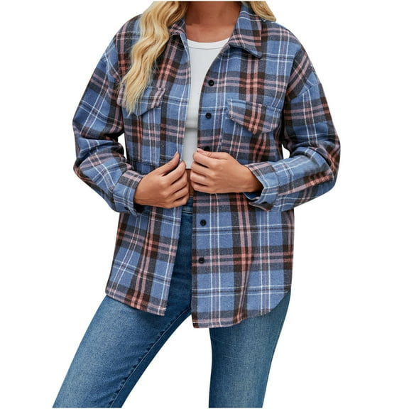 Diufon Womens Fall Casual Shirts Lapel Button Long Sleeve Coats Trendy Plaid Printed Blouses with Pockets