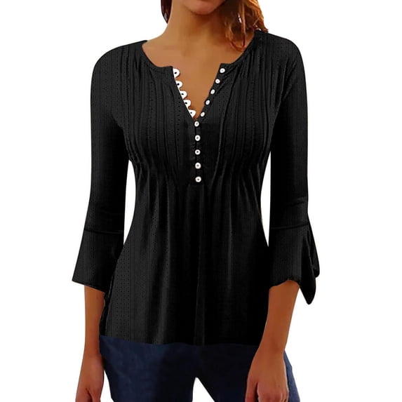 Diufon Womens Fall Casual Tops Solid Color Tunics V Neck Button 3/4 Flare Sleeve Blouses