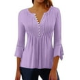 thumbnail image 1 of Diufon Womens Fall Casual Tops Solid Color Tunics V Neck Button 3/4 Flare Sleeve Blouses, 1 of 4
