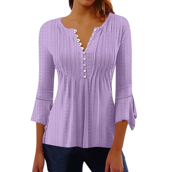 Diufon Womens Fall Casual Tops Solid Color Tunics V Neck Button 3/4 Flare Sleeve Blouses
