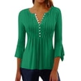 thumbnail image 1 of Diufon Womens Fall Casual Tops Solid Color Tunics V Neck Button 3/4 Flare Sleeve Blouses, 1 of 4