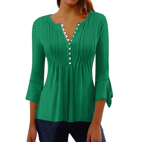 Diufon Womens Fall Casual Tops Solid Color Tunics V Neck Button 3/4 Flare Sleeve Blouses
