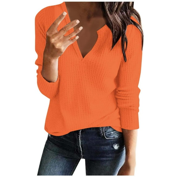 Diufon Womens Fall Casual Tops V Neck Long Sleeve Blouses Solid Color Soft Pullover Tops