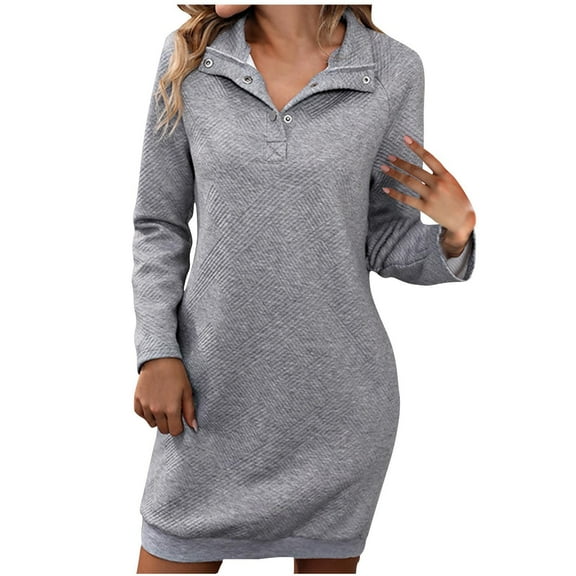 Diufon Womens Fall Dresses Lapel Button Long Sleeve Dress Casual Solid Color Mini Dress