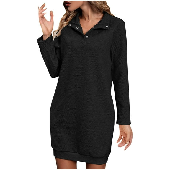 Diufon Womens Fall Dresses Lapel Button Long Sleeve Dress Casual Solid Color Mini Dress