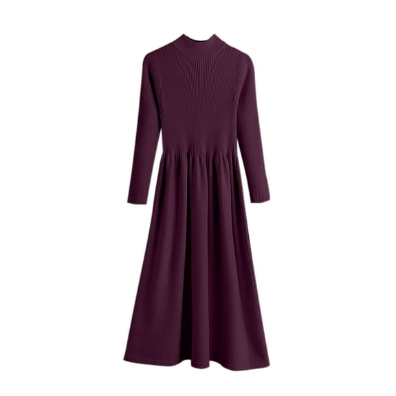 Diufon Womens Fall Knit A-Line Dresses Casual Solid Color Dress High Neck Long Sleeve Dress